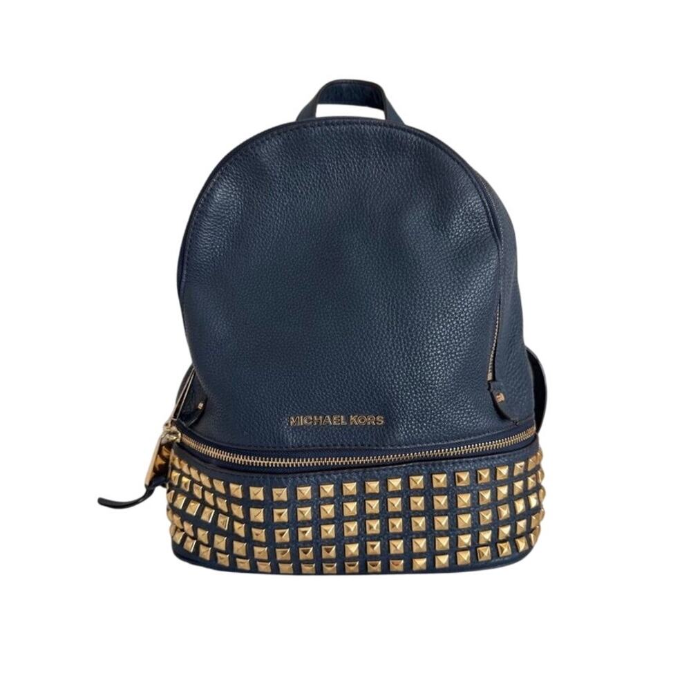 Michael Kors Rhea Navy Leather Gold Studded Backpack